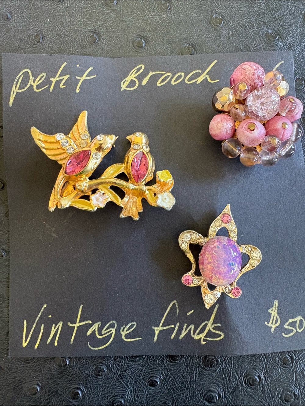 Vintage Gold-Tone Pink Crystal Bird Brooch + Pink Cluster & Star Cabochon Pins